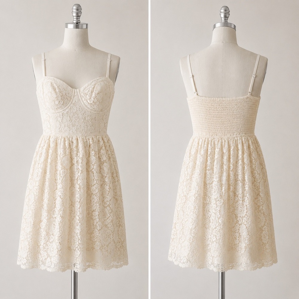 Abercrombie & Fitch Lace Mini Dress M Cream Bustier Smocked Back Pockets Cottage